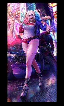 1girl armor baseball_bat batman_(series) beard belt blonde_hair blue_eyes boots bracelet car choker dark_skin dc_comics dccu deadshot dyed_hair facial_hair gun harley_quinn high_heels highres holster hood hoodie jewelry killer_croc lipstick makeup motor_vehicle sequins shorts shoulder_holster studded_belt suicide_squad twintails weapon