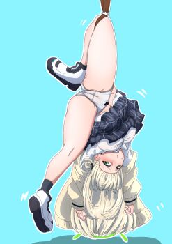 1girl absurdres black_socks blonde_hair blue_archive blue_background breasts cardigan commission green_eyes green_halo grey_skirt hair_bun halo hanging highres kirisame0729 large_breasts long_hair long_sleeves looking_at_viewer miniskirt nonomi_(blue_archive) panties pixiv_commission plaid_clothes plaid_skirt pleated_skirt shirt single_side_bun skirt socks solo underwear upside-down very_long_hair white_panties white_shirt yellow_cardigan