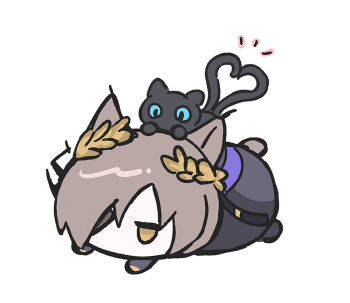 Rule 34 | 1boy, animal, animal ears, arknights, black cat, black jacket, blue eyes, brown eyes, brown hair, cat, chibi, hair over one eye, heart, heart tail, jacket, lying, miss christine (arknights), myluche, notice lines, on stomach, phantom (arknights), simple background, tail, tragodia (arknights), white background