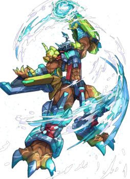 Rule 34 | 1boy, abs, armor, colored skin, digimon, digimon (creature), dragon, full body, highres, male focus, mix (candlmix), muscular, muscular male, orange skin, powering up, shoulder armor, simple background, solo, wargreymon x-antibody, water, white background, yellow armor