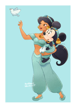 2girls absurdres aladdin_(movie) animal_ears arabian_clothes bare_shoulders bird black_hair border brown_eyes commentary_request company_connection cosplay dark-skinned_female dark_skin disney earrings full_body highres jasmine_(disney) jasmine_(disney)_(cosplay) jewelry long_hair looking_up mickey_mouse_&amp;_friends midriff minnie_mouse mouse_ears mouse_girl multiple_girls navel necklace off_shoulder open_mouth pants shirt smile standing takatmaorange very_long_hair white_border