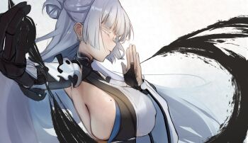 1girl absurdres armpit_peek beads breasts colored_eyelashes commentary goddess_of_victory:_nikke highres kaba_(hama) large_breasts mechanical_arms mole mole_on_breast monk nayuta_(nikke) sideboob simple_background single_mechanical_arm solo split-color_clothes thick_eyelashes upper_body white_eyelashes white_hair