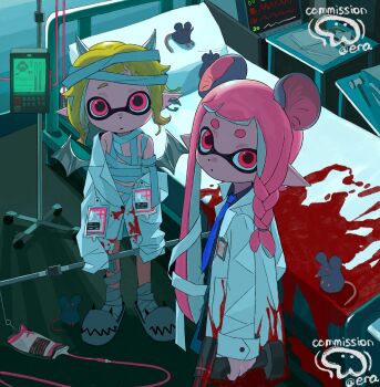 2girls animal_ears bandaged_foot bandaged_head bandaged_neck bandaged_torso bandages bed black_shirt blonde_hair blood blood_on_clothes blue_necktie braid closed_mouth coat commission demon_girl demon_horns demon_wings earrings eilaeila33 extra_ears flat_chest grey_horns grey_wings highres horns hospital hospital_bed inkling inkling_girl inkling_player_character intravenous_drip jewelry lab_coat long_hair long_sleeves looking_at_viewer mouse_(animal) mouse_ears multiple_girls necktie nintendo open_clothes open_coat pink_eyes pink_hair pointy_ears shirt short_hair single_braid sleeves_past_fingers sleeves_past_wrists slippers splatoon_(series) tentacle_hair white_coat white_slippers wings