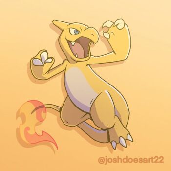 alternate_color blue_eyes charmeleon claws commentary english_commentary fangs fire flame-tipped_tail full_body gen_1_pokemon gradient_background joshdoesart22 nintendo no_humans nostrils open_mouth pokemon pokemon_(creature) shiny_pokemon simple_background solo tail