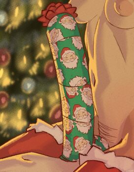 2girls breasts christmas christmas_tree commentary female_pubic_hair gift highres klimspree medium_breasts multiple_girls navel nipples nude original phallic_symbol pubic_hair red_thighhighs sexually_suggestive symbol-only_commentary thighhighs yuri