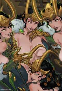 4girls absurdres alternate_form black_hair black_lips breasts cape clone commentary convenient_censoring djcomps english_commentary fake_horns fur-trimmed_cape fur_trim gold_gauntlets gold_headwear highres horned_headwear horned_tiara horns lady_loki large_breasts loki_(marvel) looking_at_viewer marvel marvel_rivals multiple_girls nude official_alternate_design parted_lips sagging_breasts seductive_smile sitting smile thighhighs thor_(marvel)_(series) tiara