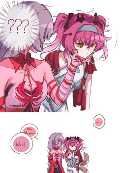 ... 2girls ? ?? absurdres armor bandaged_arm bandages bare_shoulders bodysuit breastplate breasts closed_mouth commentary dress english_text gradient_hair grey_hair hairband halter_dress halterneck hand_on_own_chin highres long_hair lupa_(wuthering_waves) medium_breasts metal_hairband multicolored_hair multiple_girls paw_pose phrolova_(wuthering_waves) pink_hair red_sash sash tacet_mark_(wuthering_waves) tail tail_wagging twintails white_bodysuit wolf_tail wuthering_waves yellow_eyes zevi_(zevi_ii)