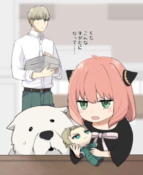 Rule 34 | 1boy, 1girl, ahoge, anya (spy x family), belt, black belt, blonde hair, blush, bond (spy x family), character doll, commentary request, dog, doll, dress shirt, father and daughter, great pyrenees, green eyes, green pants, hairpods, highres, indoors, long sleeves, medium hair, mello79, open mouth, pants, pink hair, shirt, shirt tucked in, short hair, spy x family, standing, stuffed toy, sweatdrop, twilight (spy x family), very short hair, white shirt