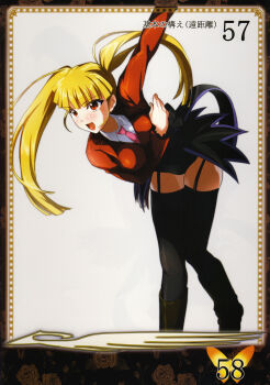 1girl asmodeus_(umineko) blonde_hair boots female_focus highres necktie nimu no_naku_koro_ni_(series) pink_necktie red_eyes ryukishi07 showgirl_skirt solo thighhighs thighs twintails umineko_no_naku_koro_ni