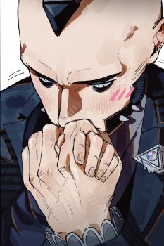 2boys black_hair black_jacket black_shirt blush corbeau_(pokemon) covered_mouth ear_blush hand_size_difference height_difference highres holding_hands implied_kiss jacket looking_down male_focus mega_stone mohawk multiple_boys nintendo philippe_(pokemon) pokemon pokemon_legends:_z-a pov shirt short_hair shu0718 sideburns simple_background suit_jacket white_background white_eyes yaoi