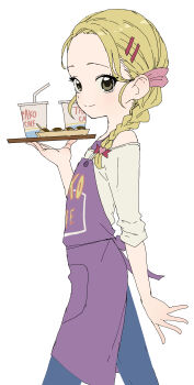 1girl absurdres apron bare_shoulders bendy_straw blonde_hair blue_pants braid brown_eyes closed_mouth commentary_request cup disposable_cup drinking_straw food forehead futari_wa_precure futari_wa_precure_max_heart hair_ornament hair_over_shoulder hairclip hand_up heart heart_hair_ornament highres holding holding_tray kujou_hikari long_sleeves off_shoulder pants precure purple_apron shirt simple_background single_braid smile solo takoyaki tray white_background white_shirt yamamoto_souichirou