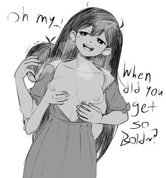 1boy 1girl absurdres age_difference black_eyes black_hair blush breasts brother_and_sister cabronpr colored_skin cowlick english_text from_behind groping highres incest long_hair mari_(omori) medium_breasts nipples omori omori_(omori) onee-shota open_mouth pajamas partially_undressed puffy_nipples short_hair short_sleeves siblings smile teenage_girl_and_younger_boy trembling undressing very_short_hair white_skin