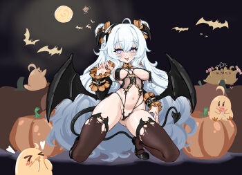 1girl absurdly_long_hair absurdres alternate_costume bat_(animal) bat_panties blue_eyes breast_curtains breasts brown_thighhighs claw_pose covered_erect_nipples cuffs deadlich demon_tail demon_wings detached_collar detached_sleeves gluteal_fold hair_bun hair_ornament hair_ribbon halloween_costume hand_on_own_thigh heel_up highleg highres kneeling le_malin_(azur_lane) long_hair manjuu_(azur_lane) medium_breasts moon multi-strapped_panties multicolored_eyes navel neck_ribbon panties panty_straps pumpkin purple_eyes revealing_clothes ribbon shackles skindentation star-shaped_pupils star_(symbol) symbol-shaped_pupils tail thick_thighs thighhighs thighs tongue tongue_out torn_clothes torn_thighhighs two-tone_eyes underbust very_long_hair white_hair wing_hair_ornament wings