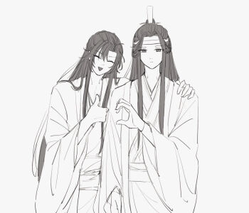 2boys chinese_clothes closed_eyes closed_mouth coat commentary_request couple greyscale hair_down hair_ribbon half_updo hand_on_another's_shoulder hanfu headband heart_hands_failure lan_wangji long_hair long_sleeves looking_at_viewer male_focus modao_zushi monochrome multiple_boys nekohashi_ru official_alternate_costume official_alternate_hairstyle open_clothes open_coat open_mouth ribbon robe sash sidelocks simple_background sketch smile thumbs_up topknot upper_body very_long_hair wei_wuxian wei_wuxian_(yiling_laozu) white_background wide_sleeves xiao_guan_(headdress) yaoi