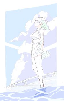 1girl barefoot closed_mouth cloud full_body greyscale highres kairi_(kingdom_hearts) kingdom_hearts kingdom_hearts_ii long_hair monochrome necktie nito_sannri pleated_skirt school_uniform skirt solo water