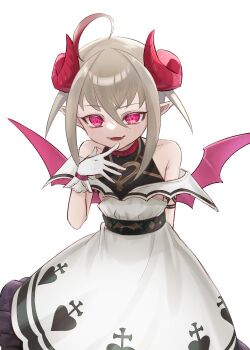 1girl ahoge bare_shoulders belt_collar blush bracelet broken_heart_print collar colored_tips cross cross_print curled_horns demon_girl demon_horns demon_wings dress dyed_ahoge fangs feet_out_of_frame finger_to_mouth frilled_dress frills gloves grey_hair hair_between_eyes heart heart_print horns jewelry leaning_forward long_dress looking_at_viewer makaino_ririmu makaino_ririmu_(1st_costume) multicolored_hair nijisanji off-shoulder_dress off_shoulder parted_lips pointy_ears red_collar red_eyes red_horns red_streaks red_wings shirt_under_dress short_hair sidelocks simple_background smile solo standing streaked_hair undershirt virtual_youtuber wakahara white_background white_dress white_gloves wings