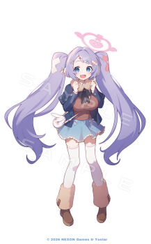 1girl bag blue_archive blue_hair blue_skirt boots breasts brown_boots casual commentary_request fang full_body hair_ornament hairclip hakasesuicchi hanae_(blue_archive) hands_up highres jacket large_breasts long_hair long_sleeves looking_at_viewer official_art open_clothes open_jacket open_mouth purple_hair sample_watermark school_bag simple_background skirt smile solo standing thighhighs twintails very_long_hair watermark white_background white_thighhighs zettai_ryouiki