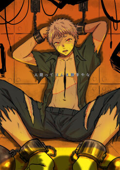 1boy alternate_costume barefoot collared_shirt cosplay cuffs deep_wound denim feet_out_of_frame frankenstein&#039;s_monster frankenstein&#039;s_monster_(cosplay) full_body highres hikaru_ga_shinda_natsu indou_hikaru injury jeans male_focus on_floor open_clothes open_shirt pants red_eyes red_pupils sasaya shackles shirt short_eyebrows short_hair sitting solo stitches torn_clothes translation_request twitter_username white_hair