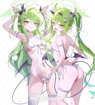 2girls absurdres alternate_breast_size_(larger) alternate_costume arched_back argyle_background arm_belt armpits arms_up ass bare_back bare_legs bare_shoulders between_legs bikini black_bow black_tail black_wings blue_archive blush bow breasts cameltoe chain character_name choker collar commentary_request copyright_name demon_girl demon_horns demon_tail earrings english_text fake_wings fang feet_out_of_frame frilled_bikini frills front-tie_bikini_top front-tie_top furrowed_brow gluteal_fold green_hair green_halo hair_bow hair_ornament half-closed_eyes halo heart heart_hair_ornament highres hikari_(blue_archive) horns jewelry jogabi leaning_forward loli long_hair looking_at_viewer low_wings medium_breasts multiple_earrings multiple_girls navel navel_piercing nozomi_(blue_archive) open_mouth piercing pointy_ears rabbit_pose shiny_skin siblings side-tie_bikini_bottom single_thighhigh sisters skin_fang small_breasts smug standing stomach string_bikini swimsuit tail tail_between_legs tail_bow tail_ornament thigh_strap thighhighs twins twintails very_long_hair very_long_tail white_background white_bikini white_bow white_choker white_collar white_thighhighs wings yellow_eyes