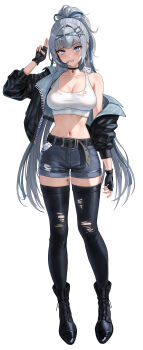 Rule 34 | 1girl, absurdres, bare shoulders, belt, black boots, black choker, black gloves, black jacket, black shorts, black thighhighs, blue eyes, boots, breasts, choker, cleavage, collarbone, commentary, crop top, denim, denim shorts, earpiece, eruthu, finger gun, fingerless gloves, full body, gloves, grey hair, grin, hair ornament, hair ribbon, hairclip, hand up, highres, jacket, knee boots, large breasts, long hair, long sleeves, looking at viewer, luvdia, midriff, motor vehicle, motorcycle, navel, off shoulder, open clothes, open jacket, paw print, paw tattoo, ponytail, raised eyebrow, ribbon, shirt, short shorts, shorts, simple background, sleeveless, sleeveless shirt, smile, solo, standing, stomach, symbol-only commentary, tank top, tattoo, taut clothes, taut shirt, thighhighs, thighs, torn clothes, torn shirt, torn shorts, torn thighhighs, u-lili, very long hair, virtual youtuber, white background, white shirt, zettai ryouiki