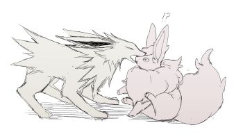 !? 519luck animal_focus biting closed_mouth confused flareon from_side full_body gen_1_pokemon highres jolteon neck_fur nintendo open_mouth pokemon pokemon_(creature) pokemon_focus simple_background sitting sketch standing white_background