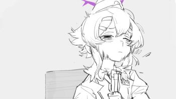 Rule 34 | 1girl, bags under eyes, beret, blue archive, chair, collared shirt, firing, gun, hair ornament, hairclip, half-closed eyes, halo, haruka (blue archive), hashcurantodash, hat, hatching (texture), holding, holding gun, holding weapon, jacket, juliet sleeves, linear hatching, long sleeves, looking past viewer, medium hair, monochrome, motion lines, one eye closed, puffy long sleeves, puffy sleeves, shirt, shotgun, sidelocks, sitting, solo, spot color, suicide, upper body, weapon