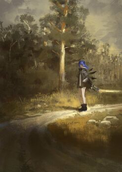 1girl ankle_boots arknights black_boots black_halo black_jacket blue_hair boots commentary_request day detached_wings halo highres jacket long_sleeves looking_at_viewer lunifish medium_hair mostima_(arknights) outdoors path plant road solo standing tree wide_shot wings