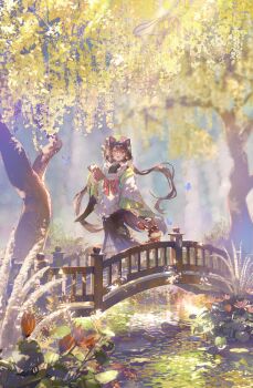 1girl :3 :d absurdres animal animal_ears black_kimono blue_butterfly blurry blurry_background book bow bridge brown_hair bug butterfly commentary_request cornu_lepus_(livly_island) day depth_of_field dog_ears dog_girl fangs floral_print floral_print_kimono flower flower_request frills full_body glasses green_hat green_kimono hand_up hat heterochromia highres holding holding_book insect inui_toko japanese_clothes kimono layered_kimono livly_island long_hair long_sleeves low_twintails nijisanji nurumi_p official_alternate_costume okobo open_mouth orange_flower outdoors pink_bow pink_flower plant plant_request platform_sandals print_kimono red_eyes river round_eyewear sandals scenery smile tree twintails very_long_hair virtual_youtuber walking water white_kimono wide_sleeves willow wooden_bridge yellow_eyes