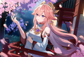 1girl animal_ear_piercing animal_ears bare_shoulders breasts cherry_blossoms commentary detached_sleeves falling_petals floating_hair flower fox_ears fox_girl genshin_impact hair_between_eyes hand_up highres japanese_clothes long_hair long_sleeves looking_to_the_side miyanami_3 nontraditional_miko outdoors parted_lips petals pink_flower pink_hair purple_eyes railing sideboob smile upper_body watermark wide_sleeves yae_miko