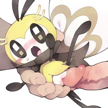 1boy absurdres antennae bestiality blush gen_7_pokemon hetero highres nintendo nose_blush open_mouth penis pokemon pokemon_(creature) pokephilia pussy ribombee simple_background size_difference solo_focus uncensored white_background youjo_modoki