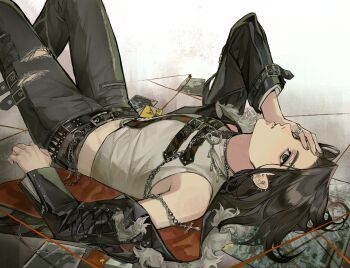 Rule 34 | 1boy, absurdres, belt, black belt, black hair, black jacket, black pants, cross, earrings, eren yeager, feet out of frame, green eyes, hand on own face, hashtag-only commentary, highres, jacket, jacket partially removed, jewelry, kazami 1869, leather, leather jacket, lying, male focus, medium hair, midriff, multiple earrings, nail polish, on back, pants, parted bangs, parted lips, ring, shingeki no kyojin, solo, tank top, tile floor, tiles, torn clothes, torn pants, white tank top