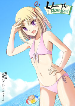 1girl :d bare_shoulders bikini blonde_hair blush breasts cloud fang flat_chest front-tie_bikini_top front-tie_top hako_roku hand_on_own_hip hand_up innertube kanagiri_kaname kunoichi_hajimemashita! looking_at_viewer medium_hair ocean one_side_up open_hand open_mouth outdoors parted_bangs purple_eyes red_ribbon ribbon side-tie_bikini_bottom sidelocks sky smile solo standing swim_ring swimsuit tanuki tsurime v-shaped_eyebrows