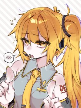 1girl :d akita_neru antenna_hair bare_shoulders black_sleeves breasts brown_background collared_shirt commentary danchoo detached_sleeves diagonal-striped_background double-parted_bangs flying_sweatdrops frilled_shirt frilled_shirt_collar frills grey_shirt hair_between_eyes hair_intakes hair_ornament hands_up high_side_ponytail highres index_fingers_raised jitome looking_at_viewer nail_polish necktie open_mouth orange_eyes orange_hair orange_necktie pointing pointing_at_viewer raised_inner_eyebrows shirt shoulder_tattoo side_ponytail sidelocks simple_background small_breasts smile solo spoken_blush striped_background symbol-only_commentary tattoo tie_clip tongue two-tone_background upper_body vocaloid white_background yellow_nails yellow_trim