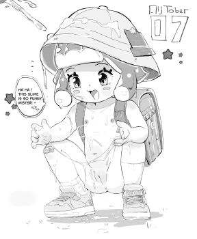 1girl backpack bag blush collarbone commentary cum cum_on_body cum_on_hair cum_on_headwear ejaculation english_commentary english_text flat_chest greyscale hat highres hottodg loli long_hair monochrome nipples nude open_mouth puniru_(puniru_wa_kawaii_slime) puniru_wa_kawaii_slime pussy randoseru shoes smile sneakers solo squatting tentacle_hair uncensored