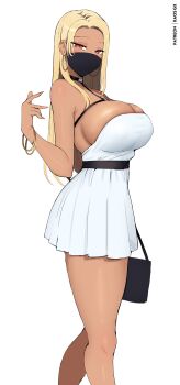 1girl absurdres bag bare_shoulders black_choker blonde_hair border bracelet breasts choker cleavage dress earrings hair_behind_ear handbag highres hoop_earrings jewelry kaos_art large_breasts long_hair looking_at_viewer mask mouth_mask original patreon_username simple_background standing strap tall_female tan white_background white_dress