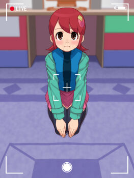 1girl battery_indicator black_thighhighs blue_vest blurry blurry_background blush brown_eyes closed_mouth commentary_request commission depth_of_field flat_chest full_body green_shirt hair_ornament hands_on_own_knees highres livestream long_hair long_sleeves looking_at_viewer mayl_sakurai_(mega_man) mega_man_(series) mega_man_battle_network_(series) miniskirt pink_skirt red_hair seiza shirt sitting skeb_commission skirt solo stupa13a thighhighs variant_set vest viewfinder wavy_mouth