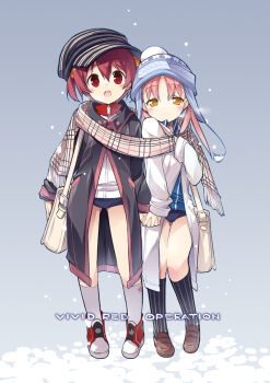 2girls buruma copyright_name hat holding_hands isshiki_akane isshiki_momo jacket kneehighs kotamaru_(pajama_soft) loafers multiple_girls official_art pink_hair pinstripe_pattern red_eyes red_hair scarf shared_clothes shared_scarf sharing shoes siblings sisters socks striped track_jacket vividred_operation yellow_eyes