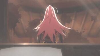 Rule 34 | 00s, 1girl, animated, animated gif, anime screenshot, back, backboob, blood, bouncing breasts, breasts, broken, cleavage, dark-skinned female, dark skin, dragonaut, female focus, garnet mclane, glass, huge breasts, long hair, lowres, nail polish, pink hair, pink nails, punching, purple hair, solo, window