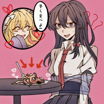 2girls :d ? ?? alternate_eye_color alternate_hair_length_(longer) arrow_(symbol) black_hair black_skirt blonde_hair blue_eyes bound bow bug closed_eyes cockroach collared_shirt commentary fang fork gloves guro hair_between_eyes hair_bow hat heart highres insect long_hair long_sleeves maggot maribel_hearn missing_headwear mob_cap multiple_girls necktie open_mouth oriharareimu pink_background plate purple_gloves red_bow red_necktie shirt sitting skirt sleeve_garter smile speech_bubble sweatdrop table tie_clip tied_up_(nonsexual) touhou translation_request usami_renko white_hat white_shirt