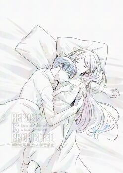 Rule 34 | 1boy, 1girl, arm around shoulder, aruna, bed sheet, blue hair, breasts, closed eyes, closed mouth, collared shirt, commentary request, couple, cuddling, dress, elf, frieren, hair between eyes, hand on own chest, hetero, highres, himmel (sousou no frieren), light smile, long dress, long hair, muted color, on bed, parted bangs, pillow, pointy ears, shirt, short hair, short sleeves, sleeping, small breasts, sousou no frieren, thick eyebrows, under covers, white dress, white hair, white shirt