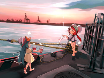 Rule 34 | 1boy, 1girl, animal ears, ankle bow, ankle ribbon, barefoot, belina (eudetenis), belominas (eudetenis), blue shorts, bow, buck teeth, cigarette, closed eyes, commentary, cup, disposable coffee cup, disposable cup, dress, english commentary, eudetenis, father and daughter, fewer digits, food print, full body, green hair, harbor, highres, holding, holding cigarette, holding cup, long hair, low twintails, mouse boy, mouse ears, mouse girl, mouse tail, ocean, original, pizza print, red hair, ribbon, shirt, shorts, slice of life, smoking, sunset, t-shirt, tail, teeth, twintails, visor cap, walking, yellow dress