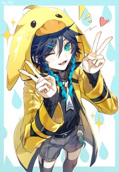 1boy absurdres animal_hood aqua_eyes aqua_hair bird black_hair black_shirt braid commentary_request duck genshin_impact gradient_hair grey_shorts highres hood hooded_jacket jacket long_sleeves looking_at_viewer magicrabbit49586 multicolored_hair one_eye_closed open_clothes open_jacket open_mouth shirt short_hair shorts side_braids smile solo twin_braids v venti_(genshin_impact) yellow_jacket