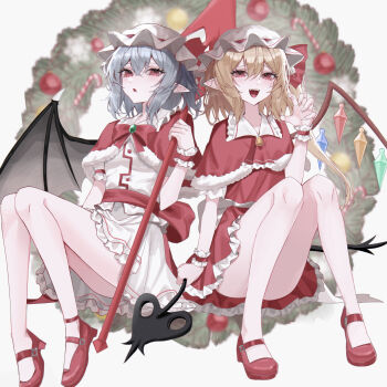 2girls absurdres alternate_costume bat_wings blonde_hair blue_hair blush candy candy_cane capelet christmas christmas_ornaments claw_pose commentary crystal crystal_wings expressionless fangs flandre_scarlet food frilled_skirt frills fur-trimmed_capelet fur_trim hair_between_eyes hand_up hat highres laevatein_(touhou) legs long_hair looking_at_viewer mary_janes medium_hair mob_cap multicolored_wings multiple_girls no_socks one_side_up open_mouth parted_lips pointy_ears red_capelet red_eyes red_shoes red_skirt red_vest remilia_scarlet shirt shoes short_sleeves siblings side_ponytail sisters skirt skirt_set smile spear_the_gungnir teeth thighs tomura_amane touhou upper_teeth_only vest white_hat white_shirt white_skirt wings wrist_cuffs