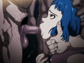 1girl 3boys animated animated_gif asphyxiation assisted_rape blue_hair blush censored crying crying_with_eyes_open deepthroat eyebrows fellatio from_side censored hetero irrumatio looking_up male_pubic_hair mosaic_censoring multiple_boys nighthawk_(circle) nose nude oral penis portrait profile pubic_hair rape short_hair solo_focus tears testicles yellow_eyes