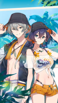 1boy 1girl absurdres belle_(summer_skies)_(zenless_zone_zero) belle_(zenless_zone_zero) bikini bikini_bottom_under_shorts bikini_top_under_shirt bikini_under_clothes black_hat blue_hair brother_and_sister bucket_hat commentary_request crop_top earrings green_eyes grey_hair hair_between_eyes hair_ornament hat highres jacket jewelry letter_hair_ornament looking_at_viewer navel off-shoulder_shirt off_shoulder official_alternate_costume official_art open_clothes orange_bikini orange_shorts resized see-through_clothes see-through_shirt shirt short_hair shorts siblings stomach swimsuit third-party_source upscaled white_shirt wise_(peaceful_waves)_(zenless_zone_zero) wise_(zenless_zone_zero) zenless_zone_zero