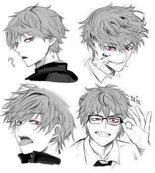 Rule 34 | 1boy, ?, absurdres, bespectacled, blood, blood on face, chainsaw man, commentary, denji (chainsaw man), english commentary, glasses, greyscale, grin, highres, jacket, male focus, masoq, monochrome, multiple expressions, necktie, open mouth, red eyes, sharp teeth, smile, sparkle, spot color, teeth, tongue, tongue out