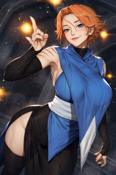 1girl armpits black_thighhighs blue_eyes breasts castlevania_(netflix) castlevania_(series) commentary detached_sleeves energy_ball english_commentary highres looking_at_viewer magic neoartcore orange_hair scar scar_on_shoulder short_hair side_slit smile solo sypha_belnades thighhighs thighs