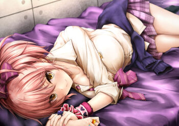 blush breasts closed_mouth clothes_around_waist collarbone collared_shirt commentary_request hair_ornament higher_resolution_available idolmaster idolmaster_cinderella_girls jewelry jougasaki_mika large_breasts long_sleeves looking_at_viewer lying on_side pink_hair plaid_clothes plaid_skirt pleated_skirt purple_skirt ring shirt skirt smile suien sweater sweater_around_waist thighs yellow_eyes yellow_shirt