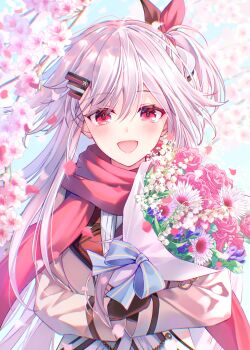 1girl :d absurdres black_gloves black_ribbon blue_sky blush bouquet cherry_blossoms commentary_request cuckoo_ki day eyelashes falling_petals floating_hair flower gloves grey_hair hair_between_eyes hair_ornament hair_ribbon hairclip hanasaki_work_spring happy highres holding holding_bouquet jacket leaf long_hair long_sleeves looking_at_viewer one_side_up open_mouth outdoors parallel_hairclips petals pink_flower pink_rose red_eyes red_ribbon red_scarf ribbon rose scarf school_uniform shiranui_inori sky smile solo upper_body very_long_hair yellow_jacket