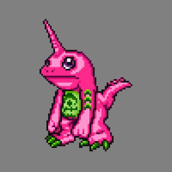 Rule 34 | claws, colored skin, digimon, digimon (creature), gamer5020, grey background, horns, pink skin, psychemon, purple eyes, simple background, tail